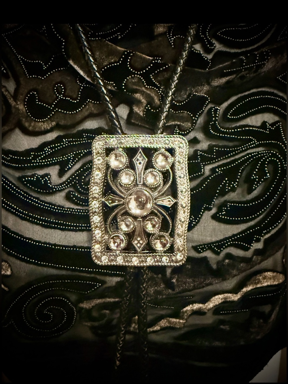 Western Silver rectangular clear crystal bolo
